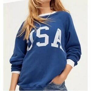 Free People Retro Brand USA Crewneck Sweatshirt Blue Oversized Size L